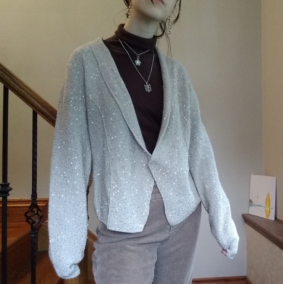 Beige and gold sequin knit cardigan sweater - Picture 2 of 4